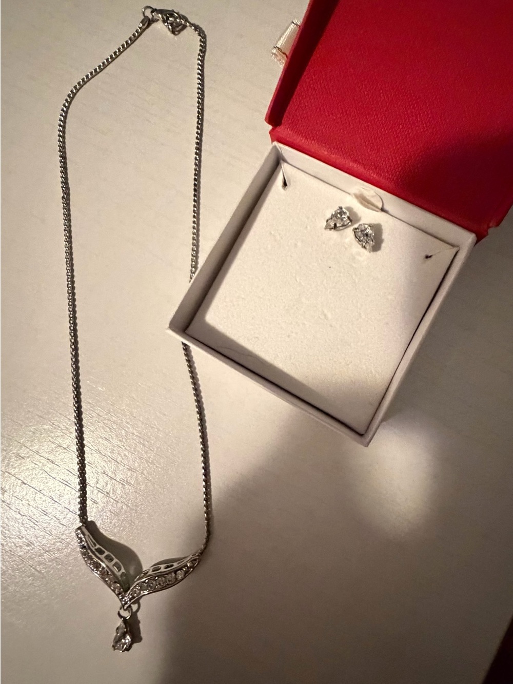 Silver-tone Leaf Pendant Necklace with Clear Stone Earrings - Women Jewelry